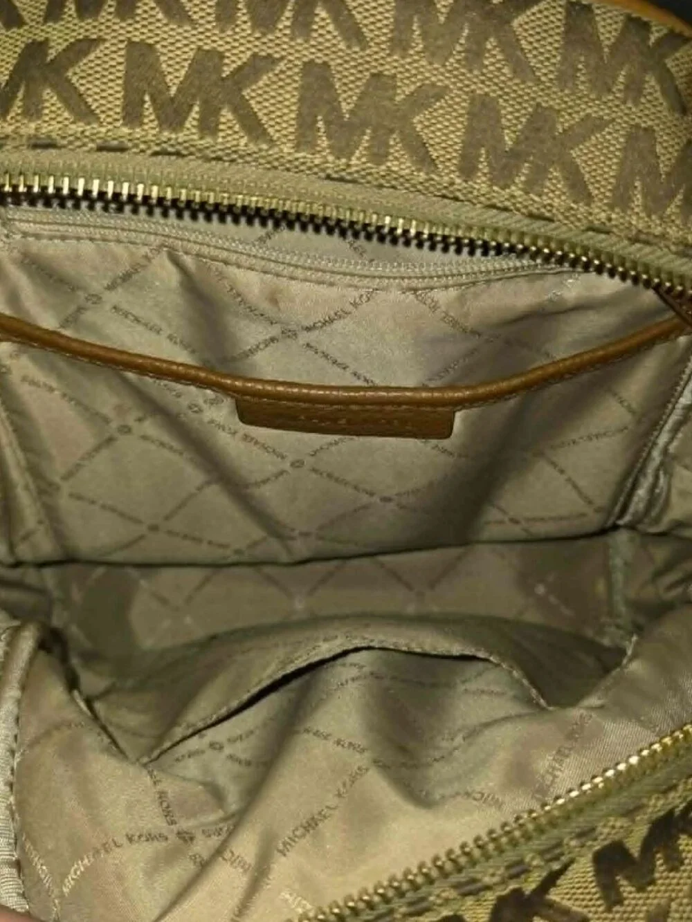 Michael Kors MK Signature Jacquard Small Backpack Brown Tan Leather Trim
